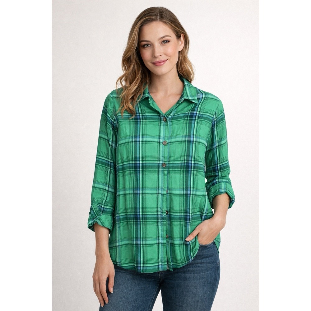 J. JILL Green Plaid Tunic Soft Button-Up Shirt XS Pettite Casual Comfy Western